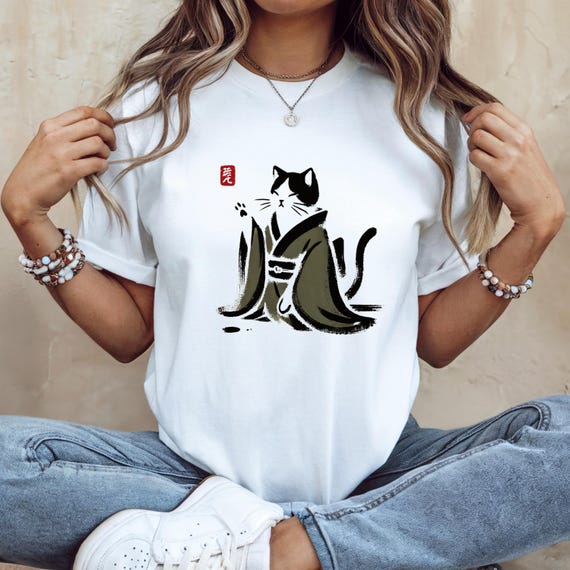 Sumi-e Kimono Cat T-Shirt: Unisex Japanese Art Tee