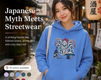 Sudadera con capucha Mystical Kitsune: Sudadera japonesa con estampado Ukiyo-e del zorro espiritual.