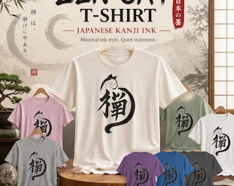 Zen Cat T-Shirt: Japanese Kanji Ink Design, Minimalist Graphic Tee