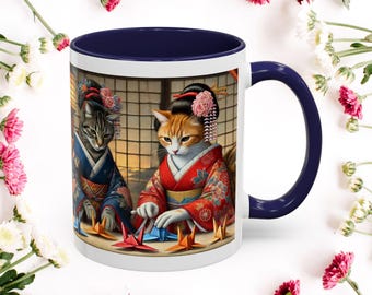 Origami Geisha Cats Mug: Japanese Culture Ceramic Tea Cup