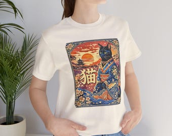 Black Cat in Kimono T-Shirt | Japanese Moon Cat Tee