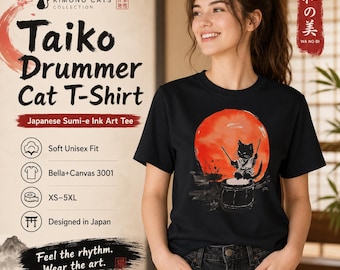 Taiko Drummer Cat T-Shirt: Japanese Sumi-e Ink Art Tee