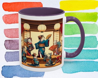 Caneca de gato gueixa: xícara de café japonesa com estampa de quimono felino