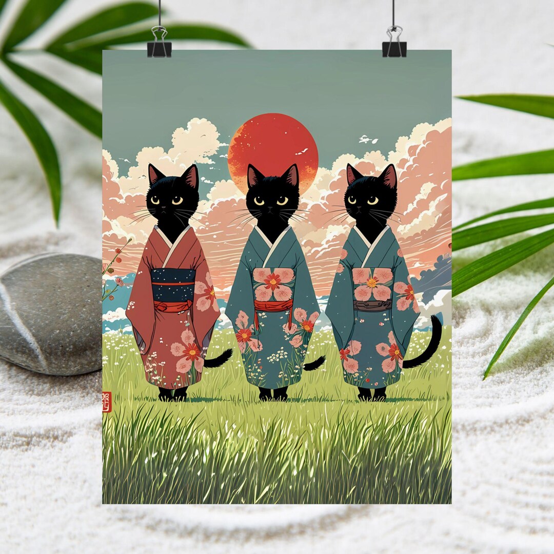 Black Cat Kimono Art Print – Japanese Zen Home Decor - Etsy