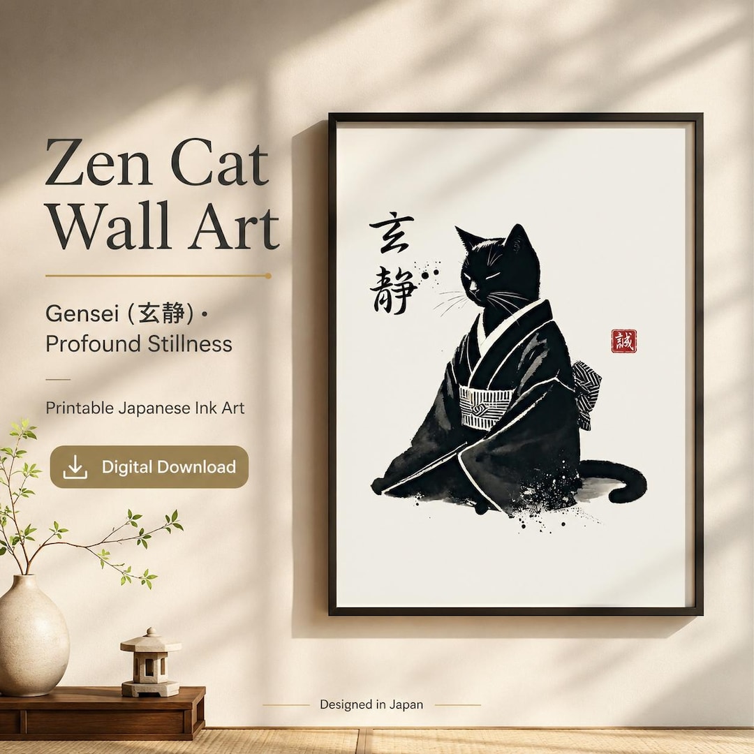 禅猫の壁掛けアート - 源氏による深遠な静寂を描いた日本の水墨画