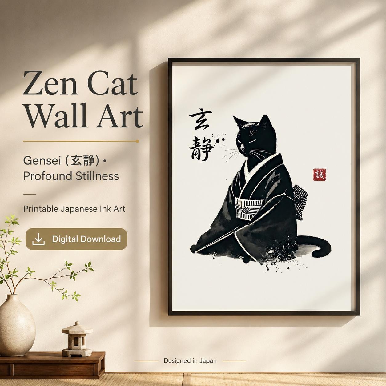 禅猫の壁掛けアート - 源氏による深遠な静寂を描いた日本の水墨画