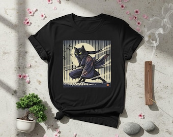 Ninja Cat Shirt, Kawaii Anime Tee with Black Cat Samurai Design