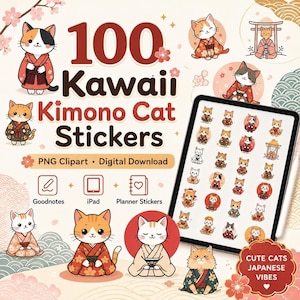 かわいい猫ステッカー – デジタルプランナー用の着物猫PNGクリップアート100点