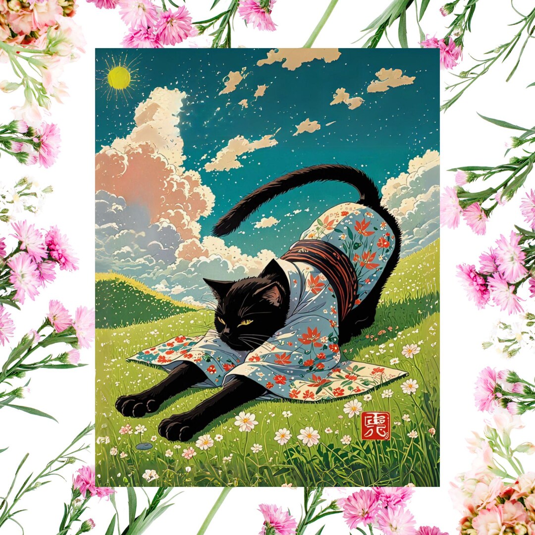 Kimono Cat Poster – Ghibli Style Japan Art for Cat Lovers - Etsy