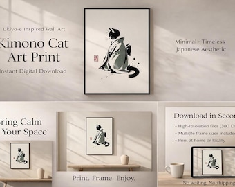 Kimono Cat Art Print, Ukiyo-e Inspired Digital Download
