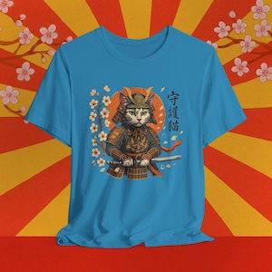 Guardian Samurai Cat Shirt – Fierce Feline Warrior Tee with Cherry Blossoms and Katana