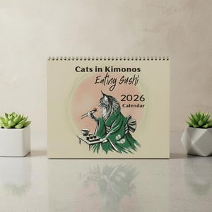 Cats in Kimonos Eating Sushi Calendar 2026, Ukiyo-e Inspired Art shown in an AI-generated listing photo