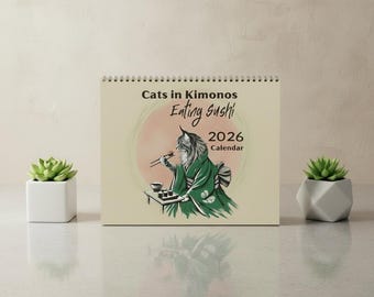 Gatos en kimono comiendo sushi. Calendario 2026. Arte ukiyo-e con diseños de temporada.