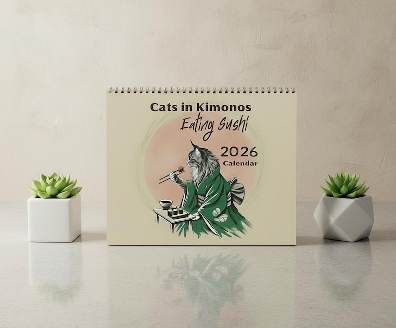 Cats in Kimonos Eating Sushi Calendar 2026, Ukiyo-e Inspired Art shown in an AI-generated listing photo