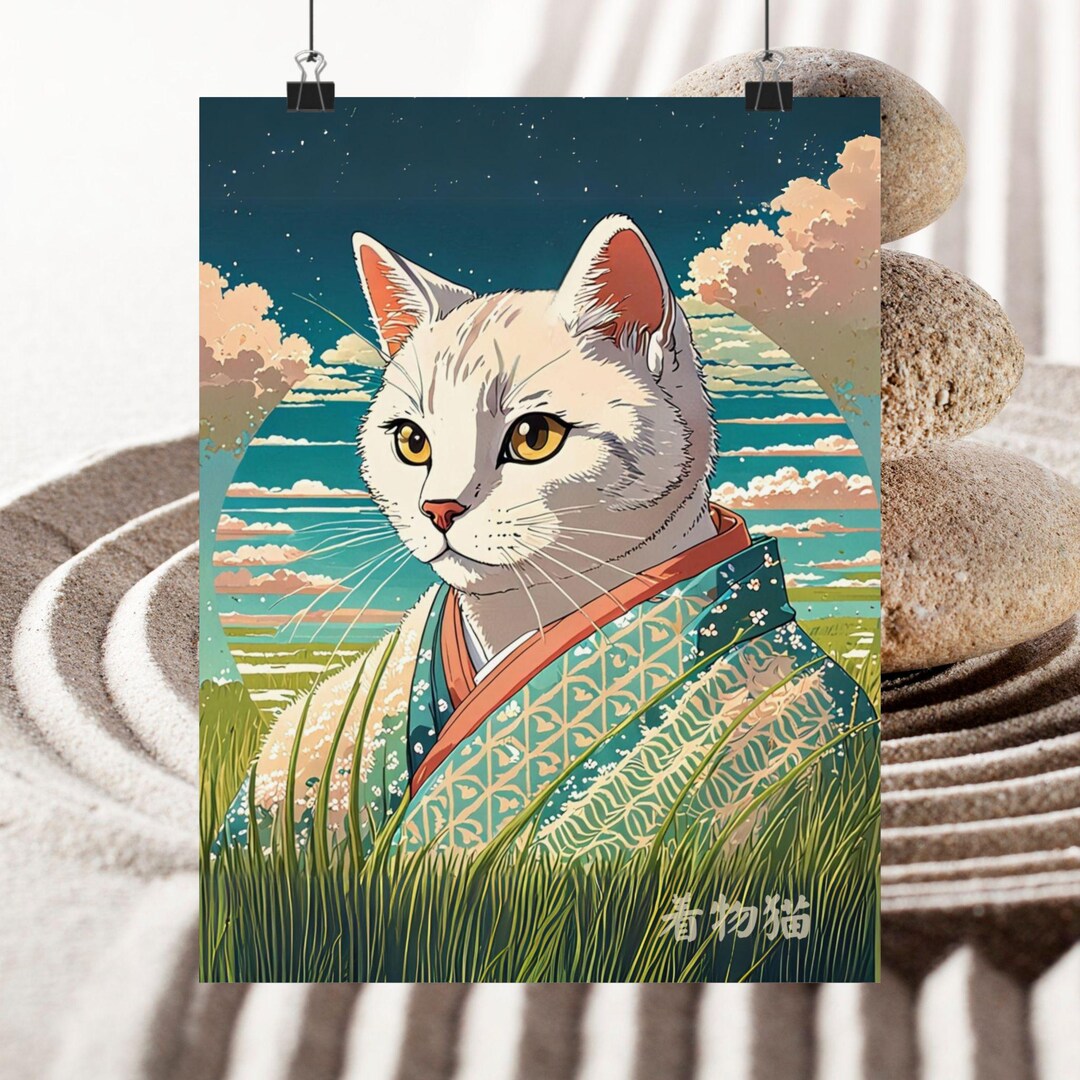 White Cat Wall Decor - Vertical Cat Art Print, Matte Poster - Neko ...