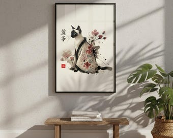 Kimono Cat Art Print Featuring Elegant Siamese in Floral