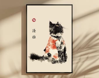 Japanese Wall Art - Yūga Kimono Cat Illustration, Elegant Asian Decor, Traditional Kimono Print, Oriental Cat Artwork for Home or Office