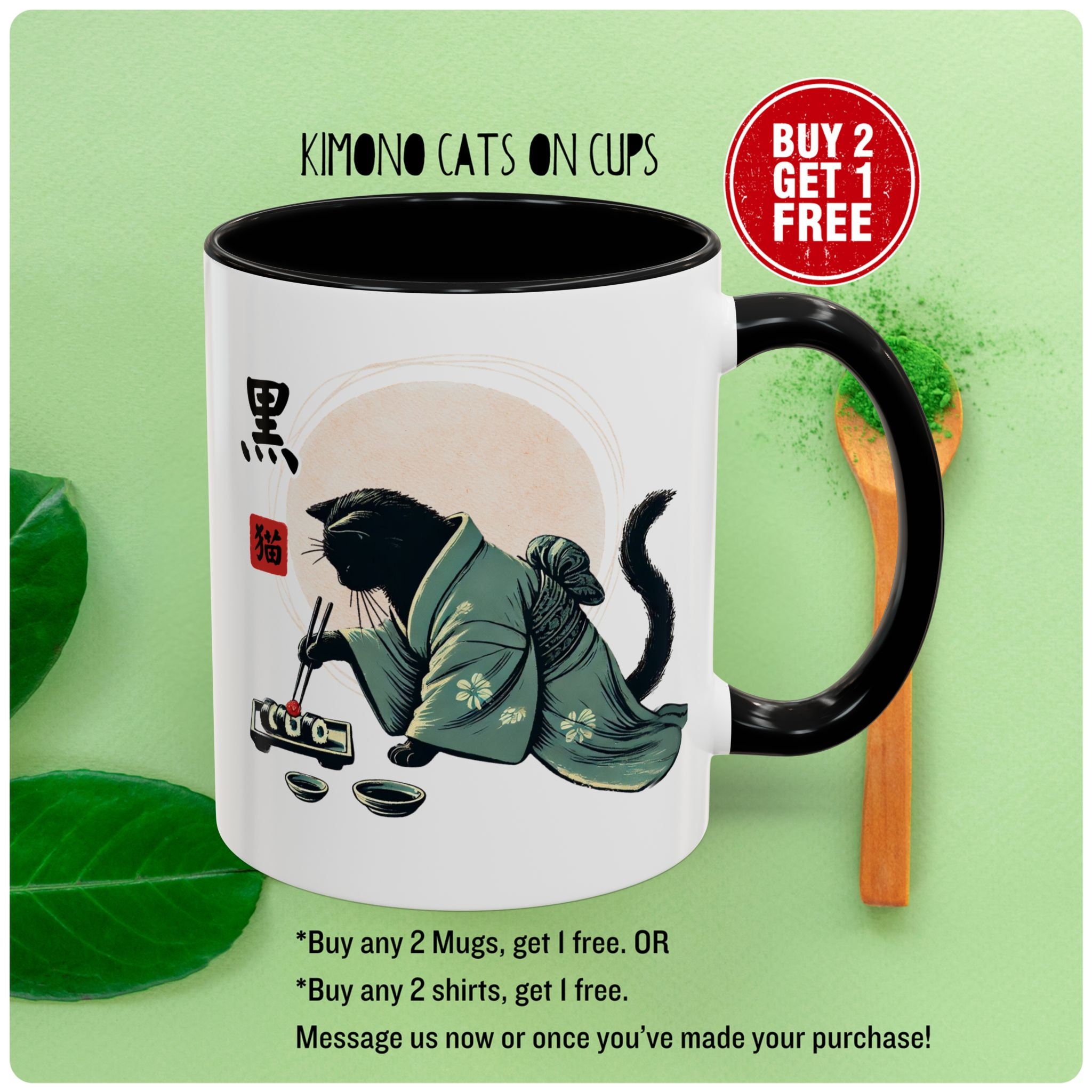 Japanese Black Cat Mug -  Kimono Cat Eating Sushi Neko Japan Cup, Kawaii Elegance, 11, 15oz - Buy 2 get 1 FREE