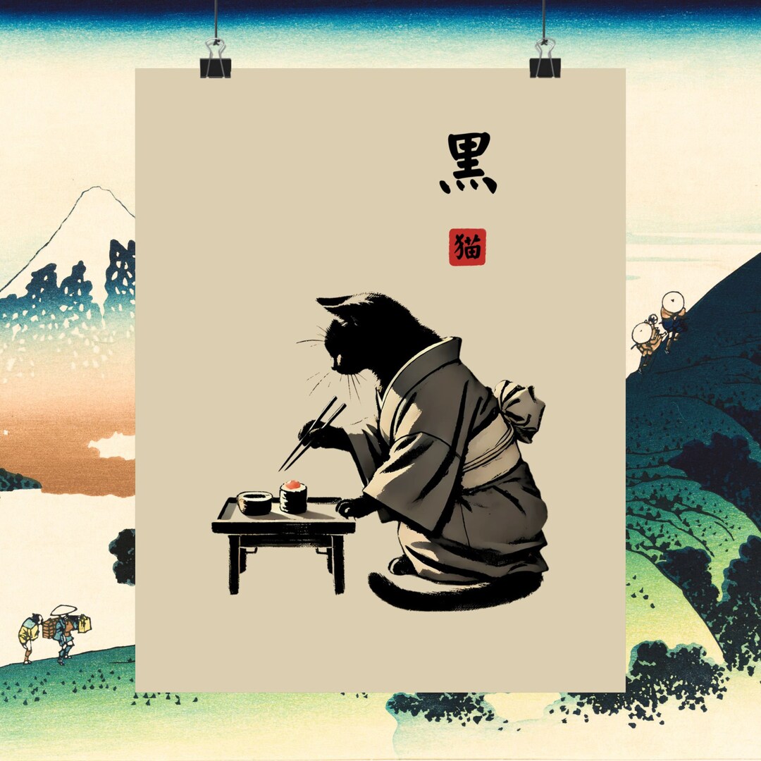 Black Cat Sushi Wall Art Japanese Zen-inspired Print, Minimalist Sumi-e ...
