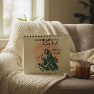 Cats in Kimonos Eating Sushi Calendar 2026, Ukiyo-e Inspired Art shown in an AI-generated listing photo