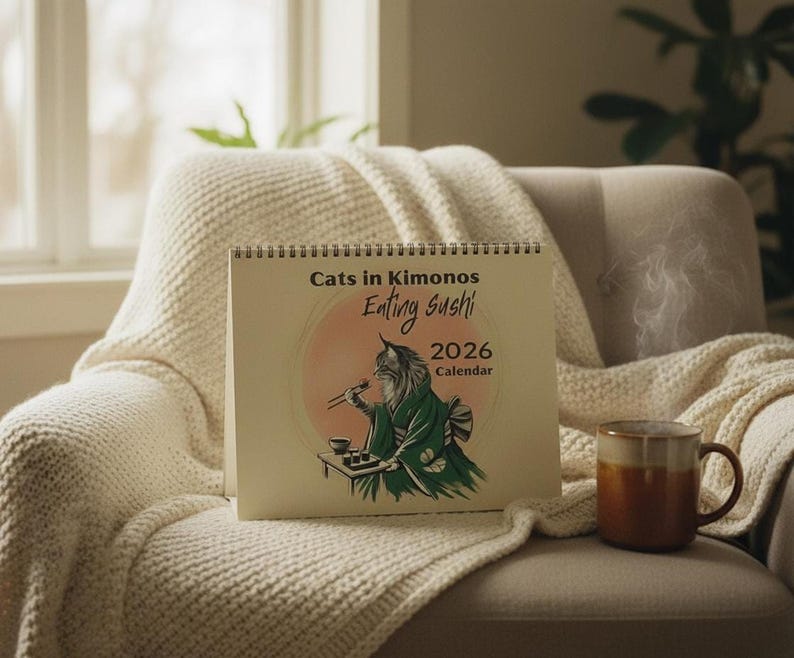 Cats in Kimonos Eating Sushi Calendar 2026, Ukiyo-e Inspired Art shown in an AI-generated listing photo