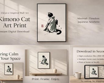 Kimono Cat Art Print: Ukiyo-e Japanese Watercolor (Digital Download)
