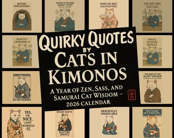 Calendario de pared 2026 con citas originales de gatos en kimonos: sabiduría y humor japonés.