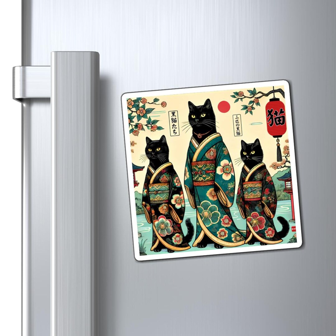 Black Cat Magnet: Japanese Ukiyo Sakura Design, Cat Lover Fridge
