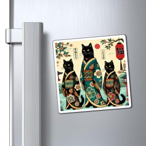 黒猫マグネット：日本の浮世絵風桜デザイン、猫好きのための冷蔵庫アート