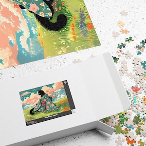 Jigsaw Puzzle, Black Cat in Kimono, Ghibli Style, 110/252/520/1014-piece, Japanese Neko, Cat Lover Gift