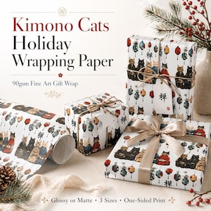 May include: Holiday wrapping paper featuring a repeating pattern of cats in kimonos, lanterns, and Japanese text. The wrapping paper is wrapped around gifts and tied with twine and a gold ribbon. The text on the paper reads "Kimono Cats Holiday Wrapping Paper".