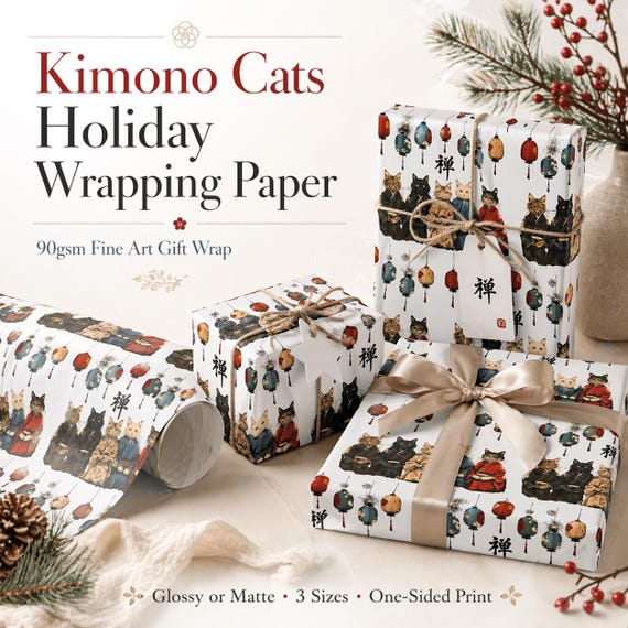 Kimono Cats Gift Wrapping Paper | 90gsm Fine Art Present Wrap