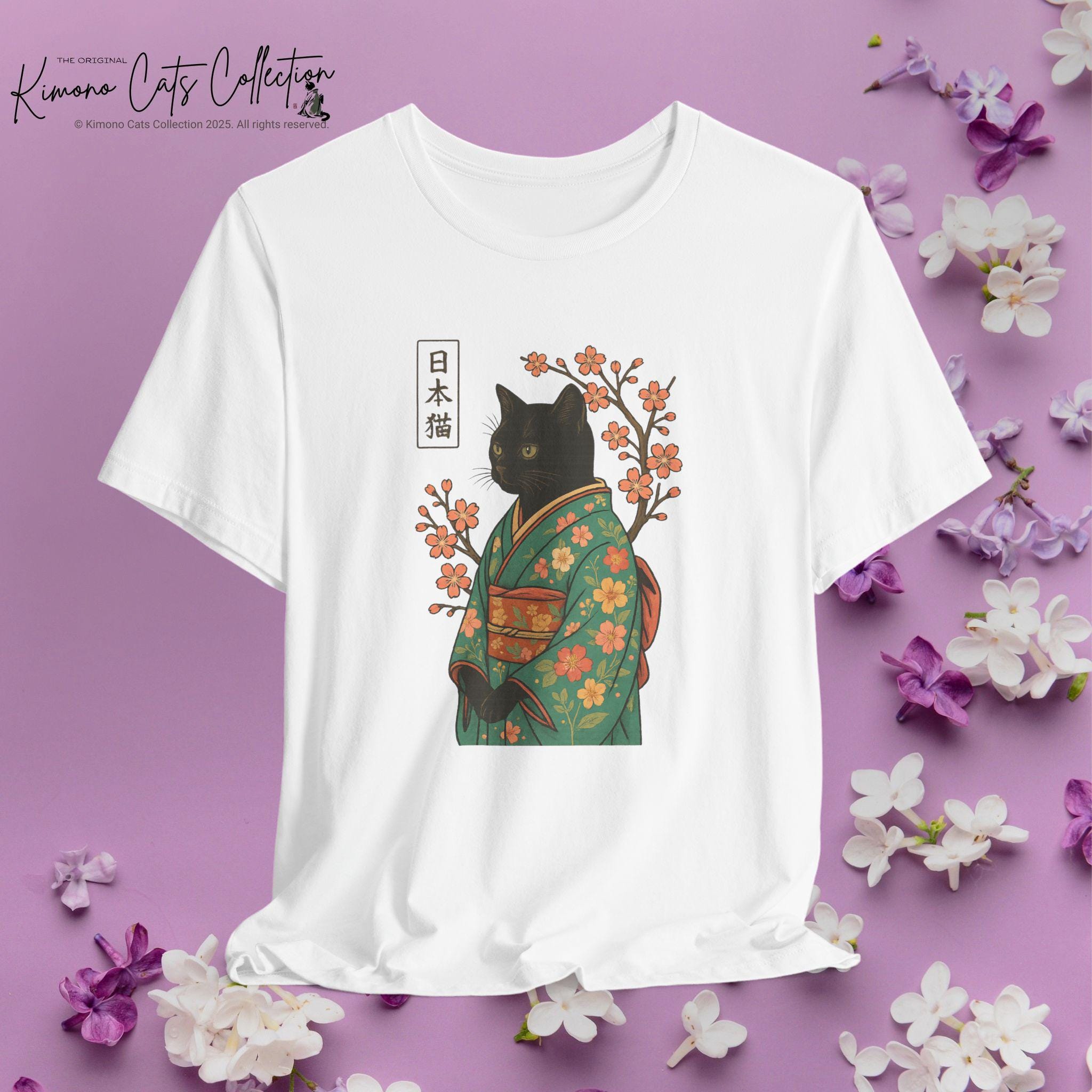 黒猫桜着物Tシャツ：日本の浮世絵花柄Tシャツ - Etsy 日本