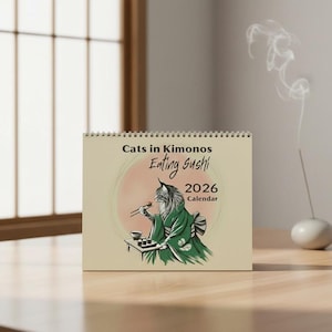 Cats in Kimonos Eating Sushi Calendar 2026, Ukiyo-e Inspired Art shown in an AI-generated listing photo