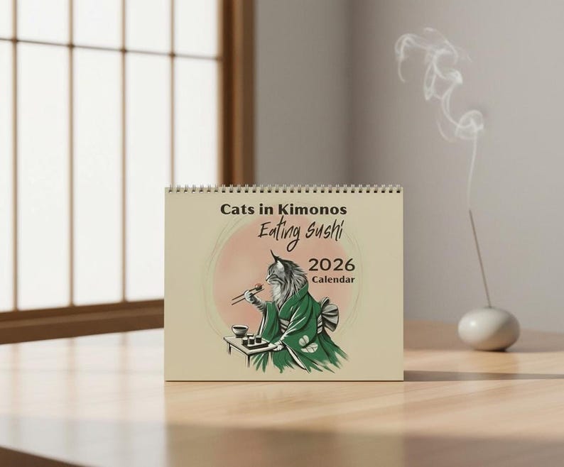 Cats in Kimonos Eating Sushi Calendar 2026, Ukiyo-e Inspired Art shown in an AI-generated listing photo