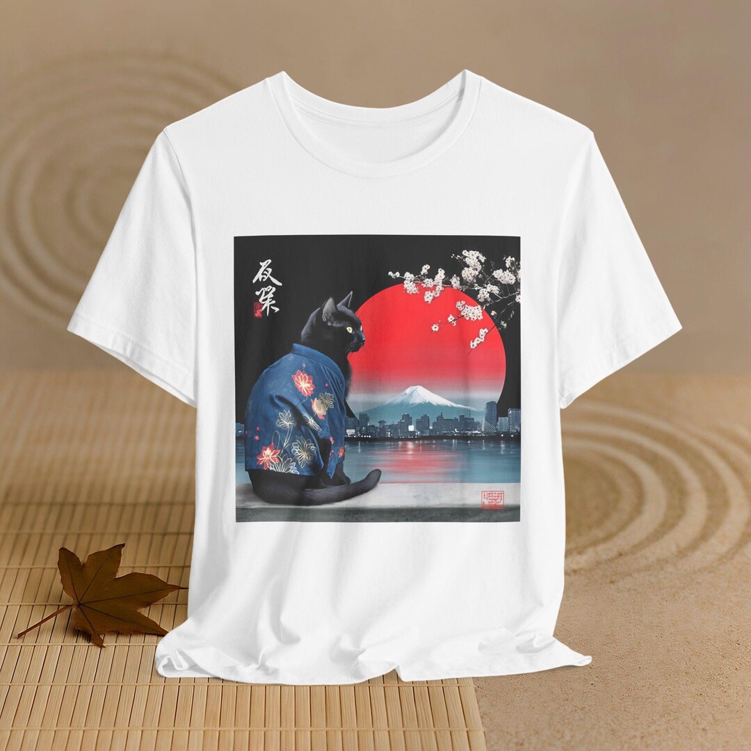 Black Cat Kimono T-shirt: Japan Art Print Tee, Mt Fuji - Etsy