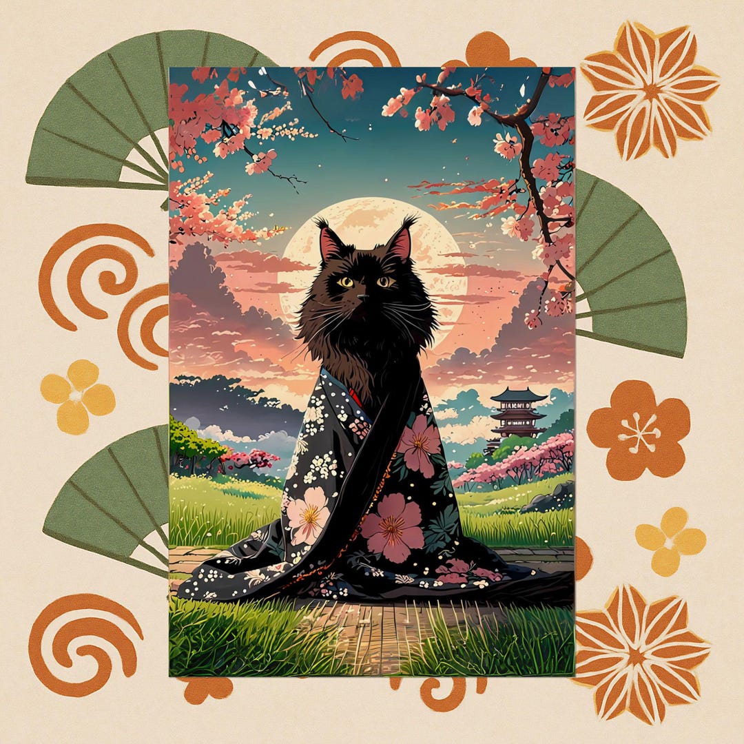 Black Cat Kimono Art Print: Japanese Zen Home Decor - Etsy