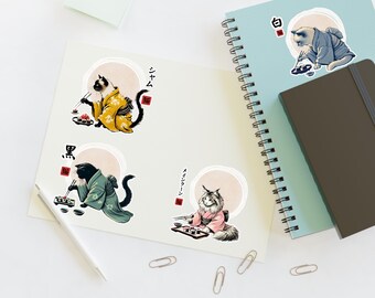 Kawaii Cats Sticker Sheets - Set of 4 Kiss Cut Vinyl Japanese Kimono Cats Eating Sushi White and Transparent Sticker Sheet, Planner