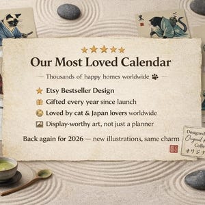 A calendar advertisement with text "Our Most Loved Calendar" and bullet points, surrounded by six small calendar pages featuring cats in kimonos eating sushi.