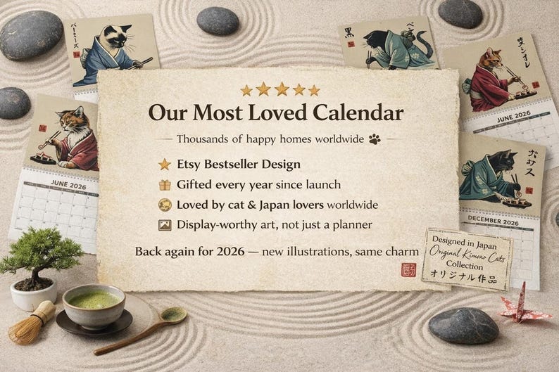 A calendar advertisement with text "Our Most Loved Calendar" and bullet points, surrounded by six small calendar pages featuring cats in kimonos eating sushi.