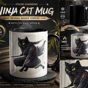 Puede incluir: Una taza "Ninja Cat" que cambia de color con un diseño de gato ninja negro. La taza es negra cuando está fría y revela el gato ninja cuando se agrega líquido caliente. La taza tiene un asa y un borde negros, y se muestra el texto "Heat Reveal Magic Coffee Cup".
