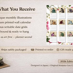 An advertisement with text "What You Receive" and bullet points, next to a grid of twelve small calendar pages, each featuring a cat in a kimono eating sushi.