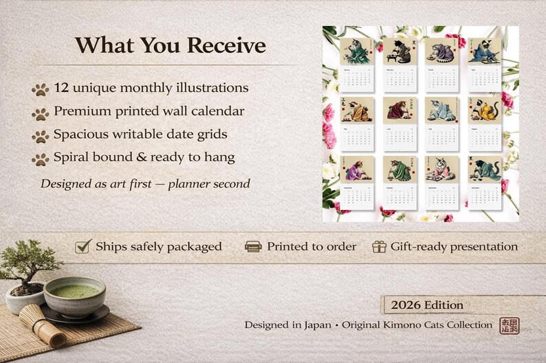 An advertisement with text "What You Receive" and bullet points, next to a grid of twelve small calendar pages, each featuring a cat in a kimono eating sushi.