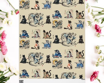 Kimono Cats Wrapping Paper: Japanese Samurai Art Gift Wrap