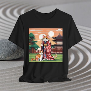 Pixel Art Cat in Kimono T-Shirt - Pixelated Japanese Temple Scene, Pixel Characters Design, Soft Cotton Unisex Tee,