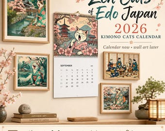 Calendario de gatos 2026 / Gatos zen del Japón Edo con arte kawaii de kimonos