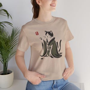 Sumi e Cat Shirt: Unisex Japanese Art Tee with Kimono Design Tan