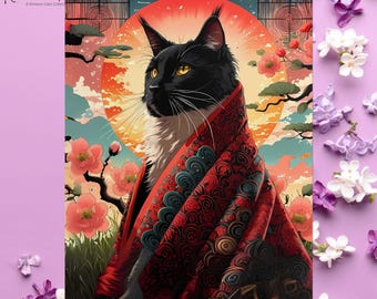 黒猫着物アートプリント - 日本のヴィンテージポスター - Etsy 日本