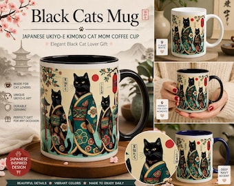 May include: A ceramic coffee mug with a black handle and interior, featuring a Japanese Ukiyo-e design of black cats in kimonos. The mug has text that reads "Black Cats Mug" and "Japanese Inspired Design".