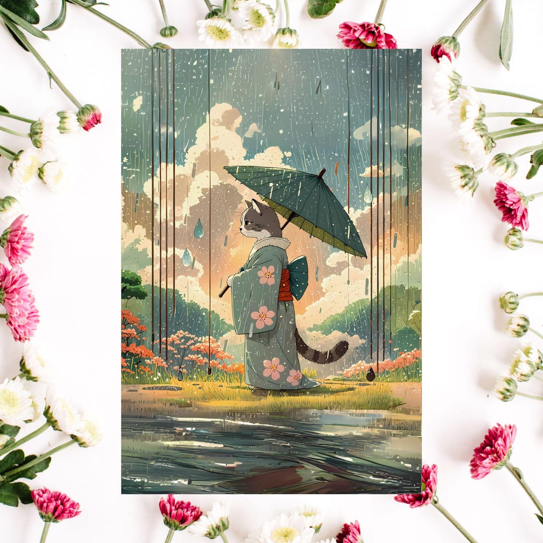 Cat Art Print - Ghibli Inspired Japanese Wall Art, Vintage Wall Poster ...
